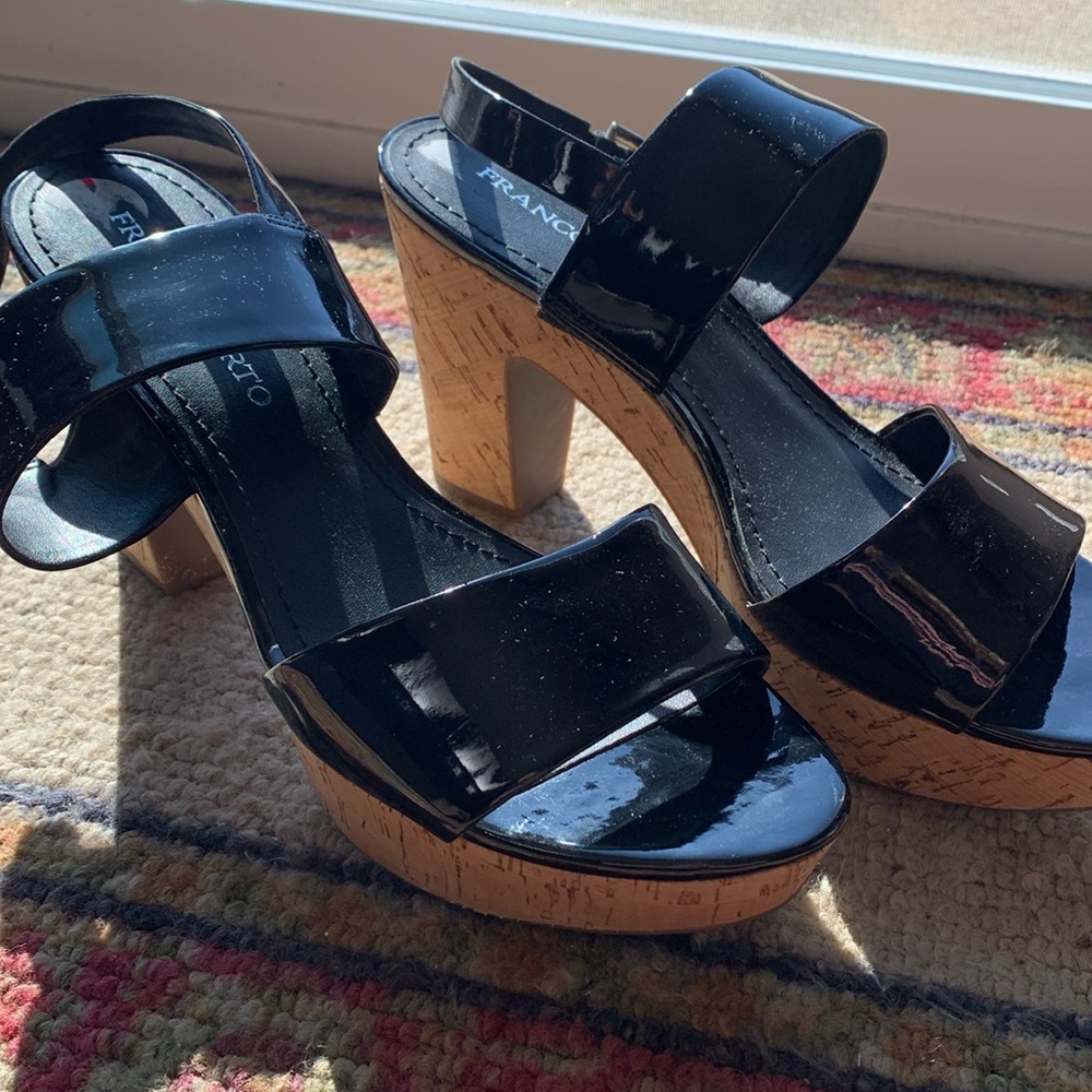 Franco Sarto Faux Black Patent Leather Cork Heel Slingback Sandals 10M “Frank”